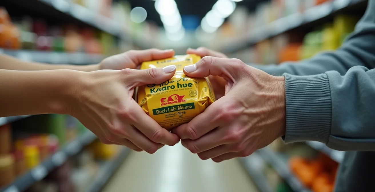 Adult child and elderly parent examining food labels together at grocery store
