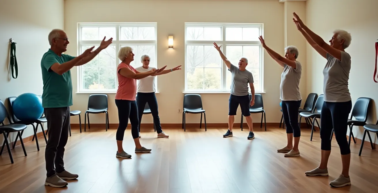 Multi-ethnic group of seniors exercising together in bright community space