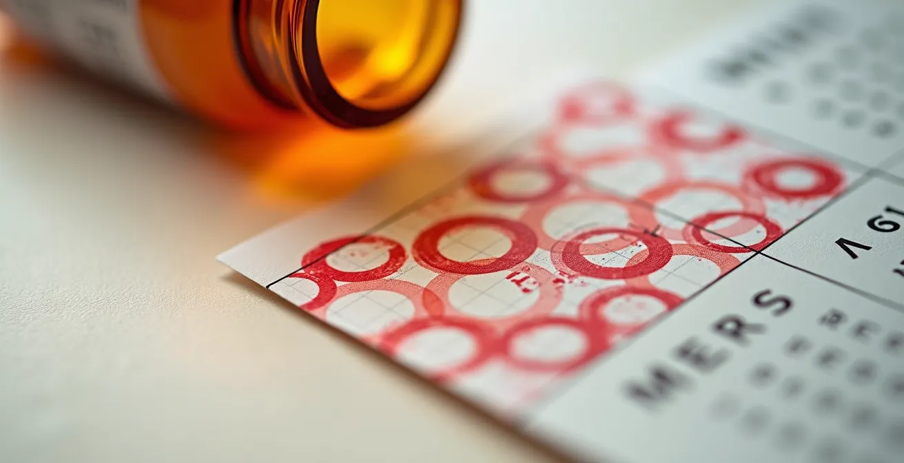 Extreme close-up of calendar page with circled date and medication vial