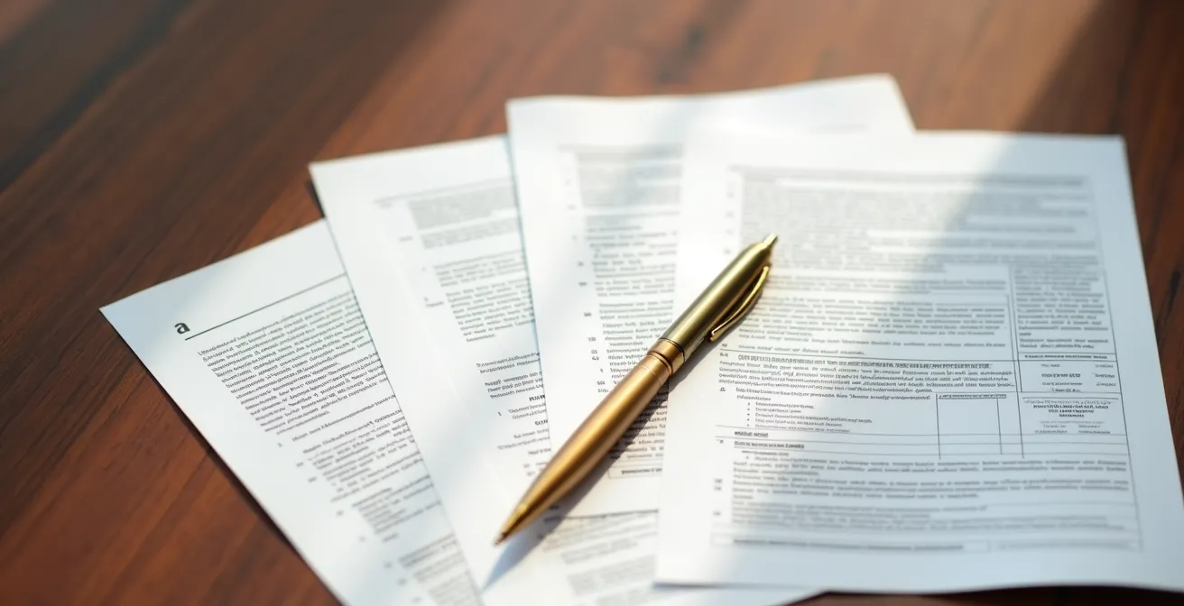 Organized legal documents and healthcare forms arranged on a table with a pen