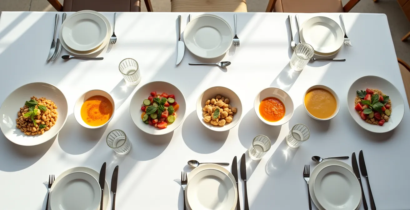 Wide shot of elegant dining table with multiple small, colorful portions artfully arranged