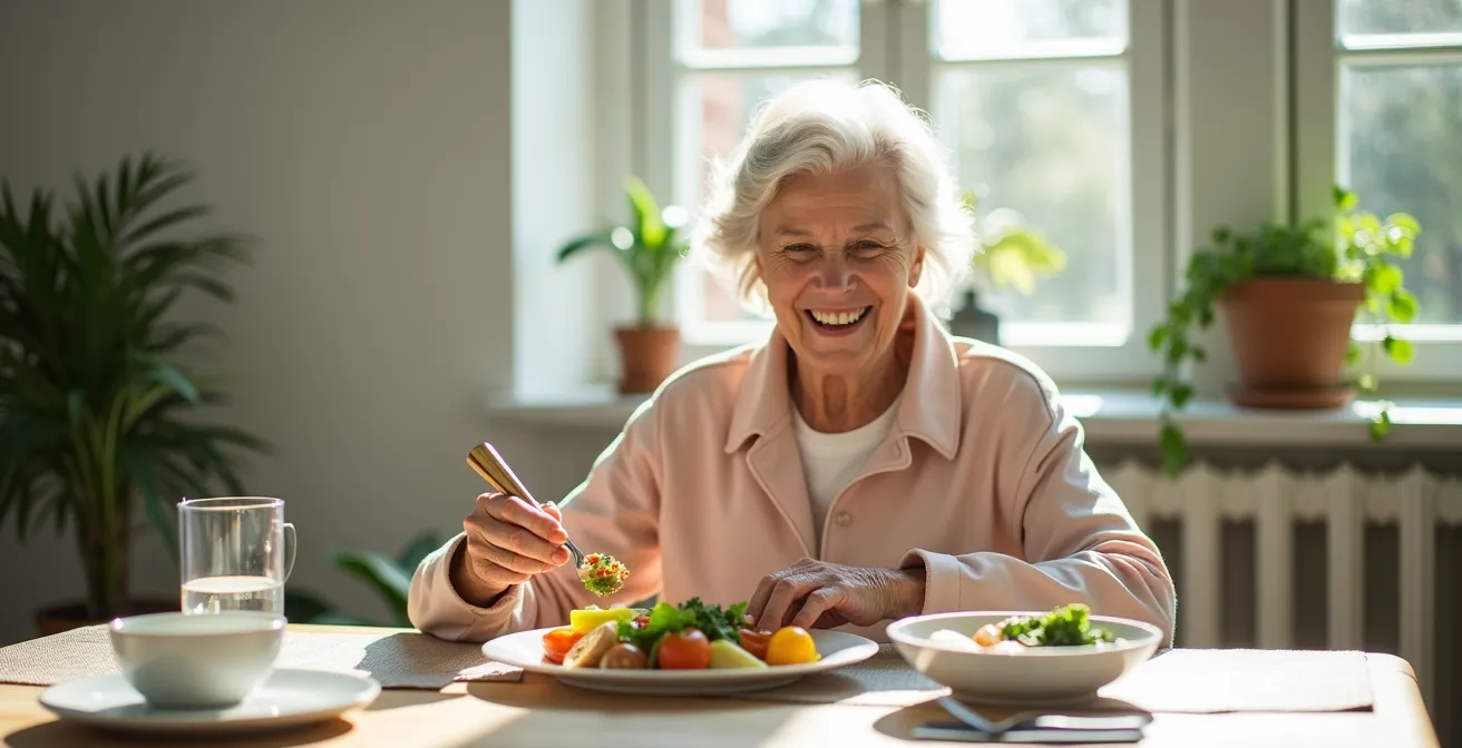 Senior person smiling while enjoying a colorful, balanced meal with visible enjoyment