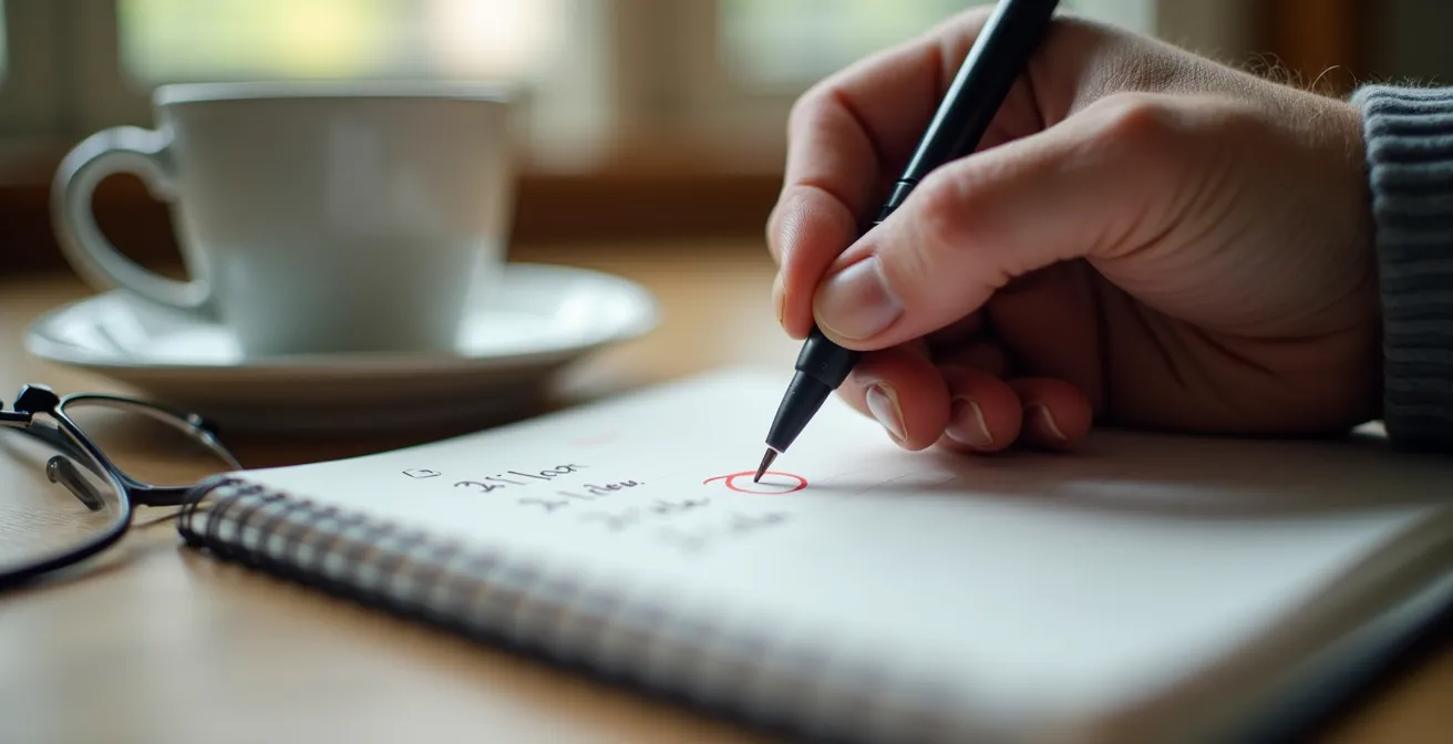Older man writing in wellness journal at sunny kitchen table