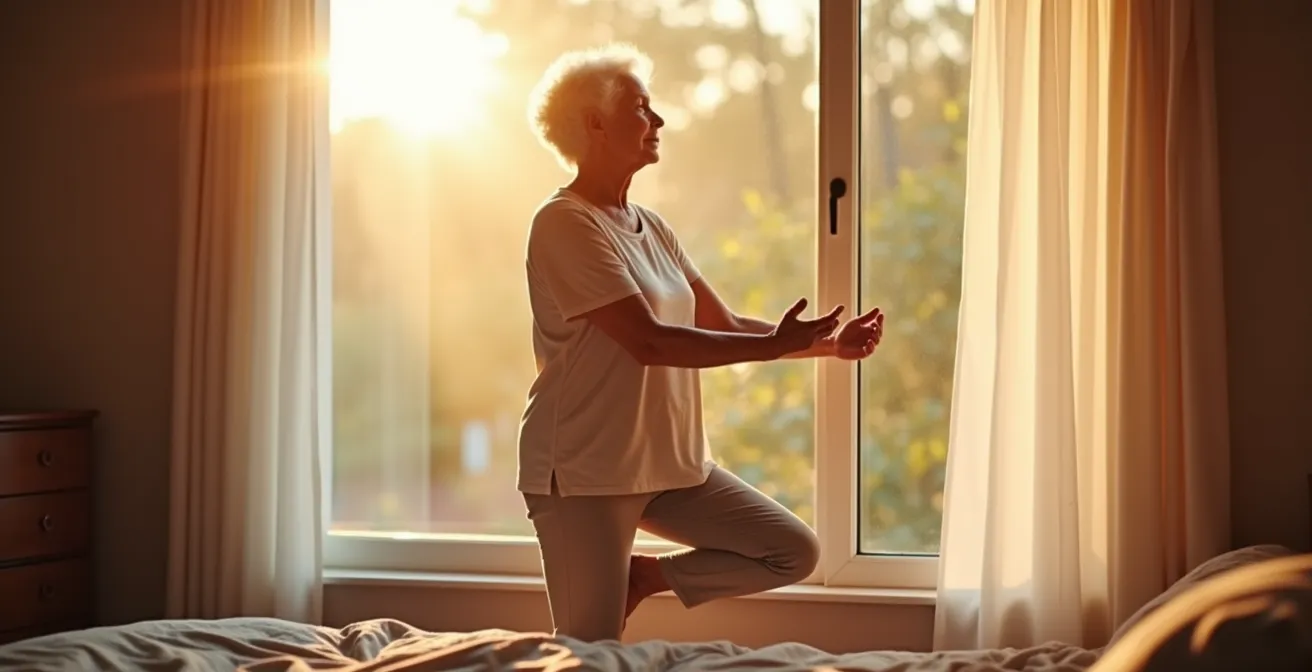 Senior person doing gentle morning stretches by bedroom window