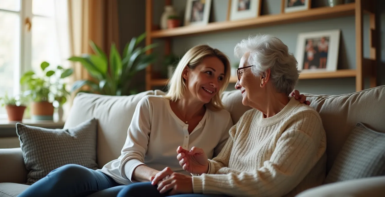 Adult daughter having a supportive conversation with her senior mother in a cozy home setting