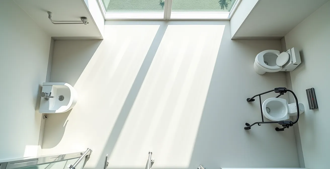 Top-down view of accessible bathroom layout showing 5-foot turning circle for walker users