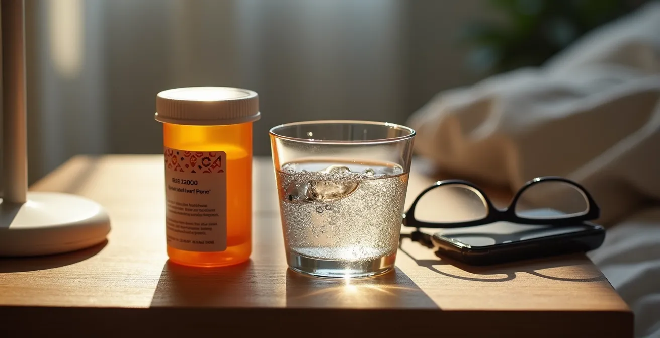Bedside area organized with essential items within arm's reach including nightstand with medications and water