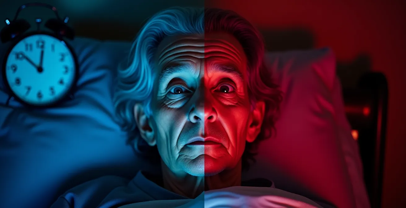 Split comparison showing harsh blue LED disrupting sleep versus gentle red light preserving melatonin