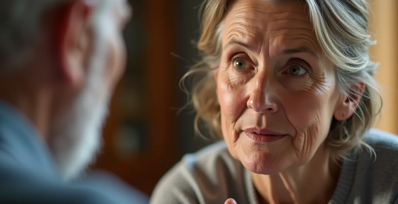 Close-up of caregiver making eye contact while listening to senior speaking