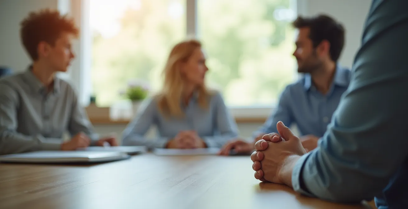 Interview setting showing thoughtful caregiver candidate responding to a scenario question from a family member.