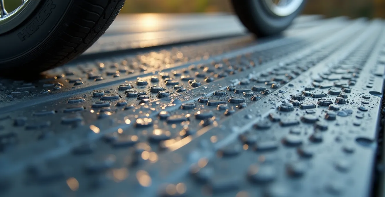 Macro detail of aluminum wheelchair ramp surface showing anti-slip texture and proper grip patterns