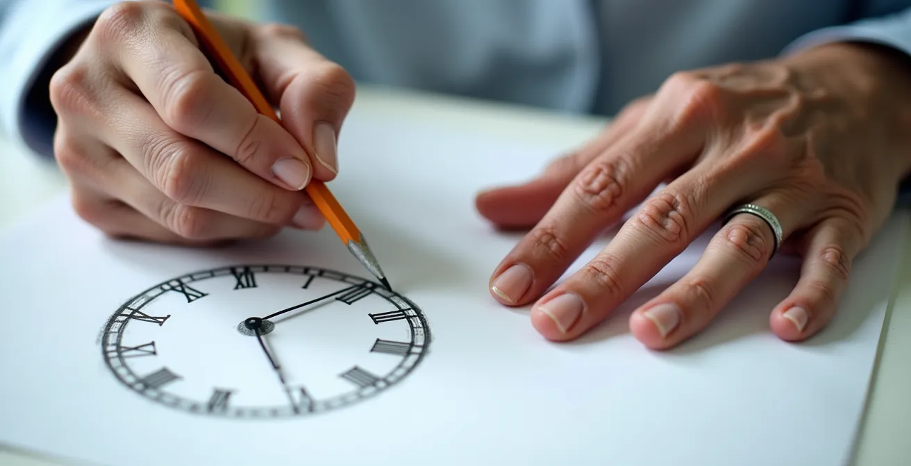 Close-up of hands drawing the clock test on paper as part of a cognitive assessment with a healthcare professional observing