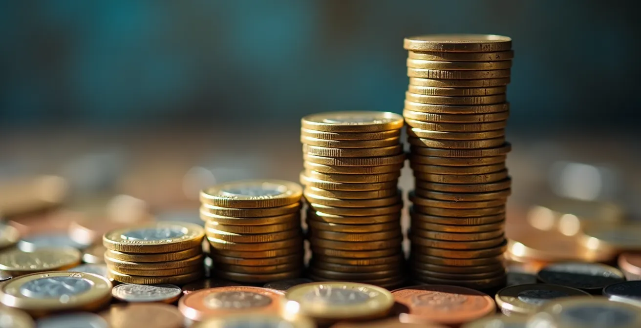 Macro shot of stacked coins showing increasing height representing compounding penalties over time