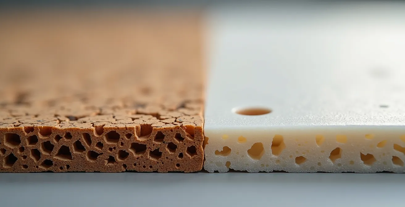 Macro view comparing cork and rubber flooring material structures showing cushioning properties