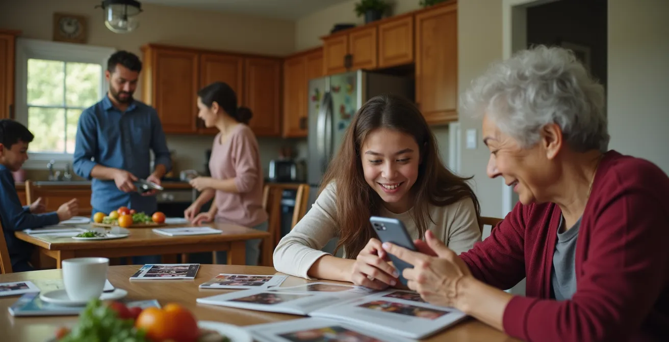 Multiple family members engaged in different activity stations during a gathering, with some sorting photos and others cooking.