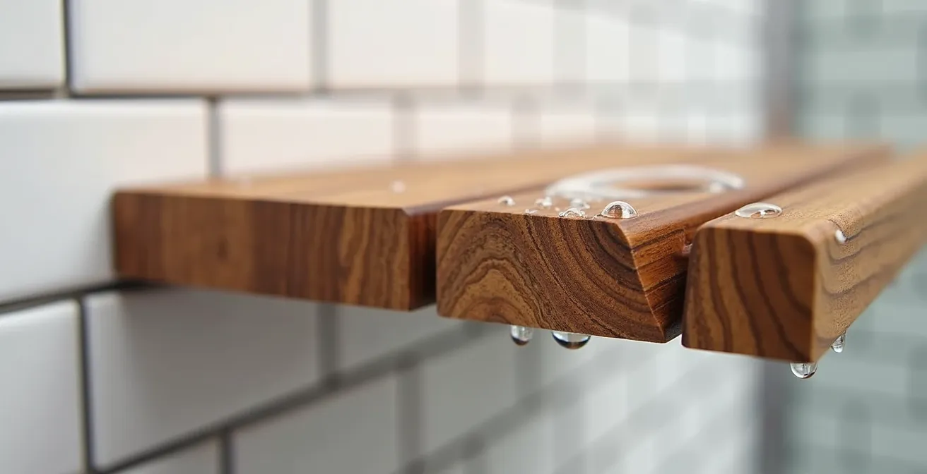 Wall-mounted floating teak shower seat with proper slope and silicone sealed edges in modern accessible shower