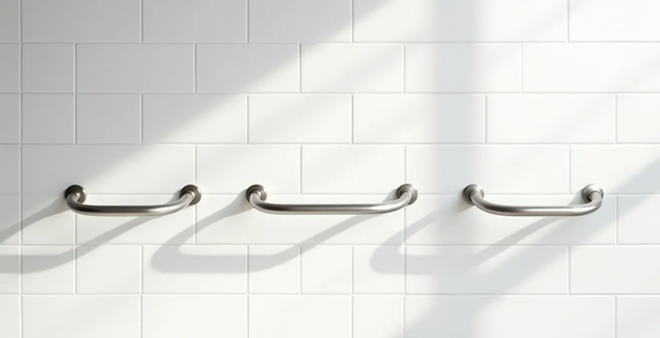 Comparison of vertical, horizontal and diagonal grab bar installations showing different hand positions
