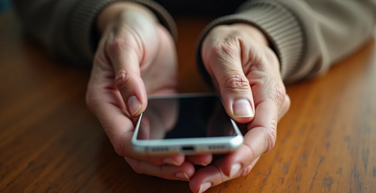 Close-up on a teenager's hands patiently guiding their grandmother's hands on a smartphone screen.