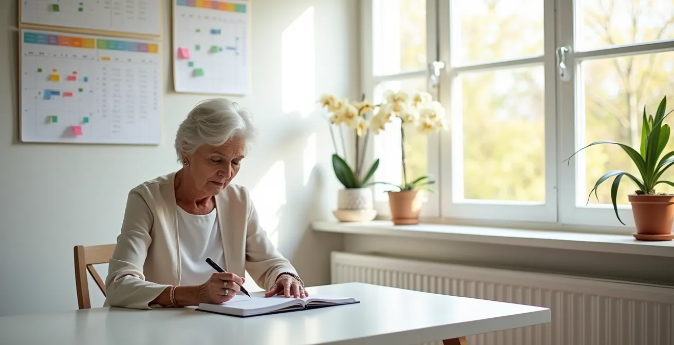 Senior couple planning health appointments with calendar and notebook