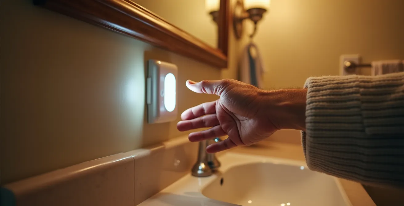 Combined smart and simple motion sensor lights creating layered safety in senior bathroom