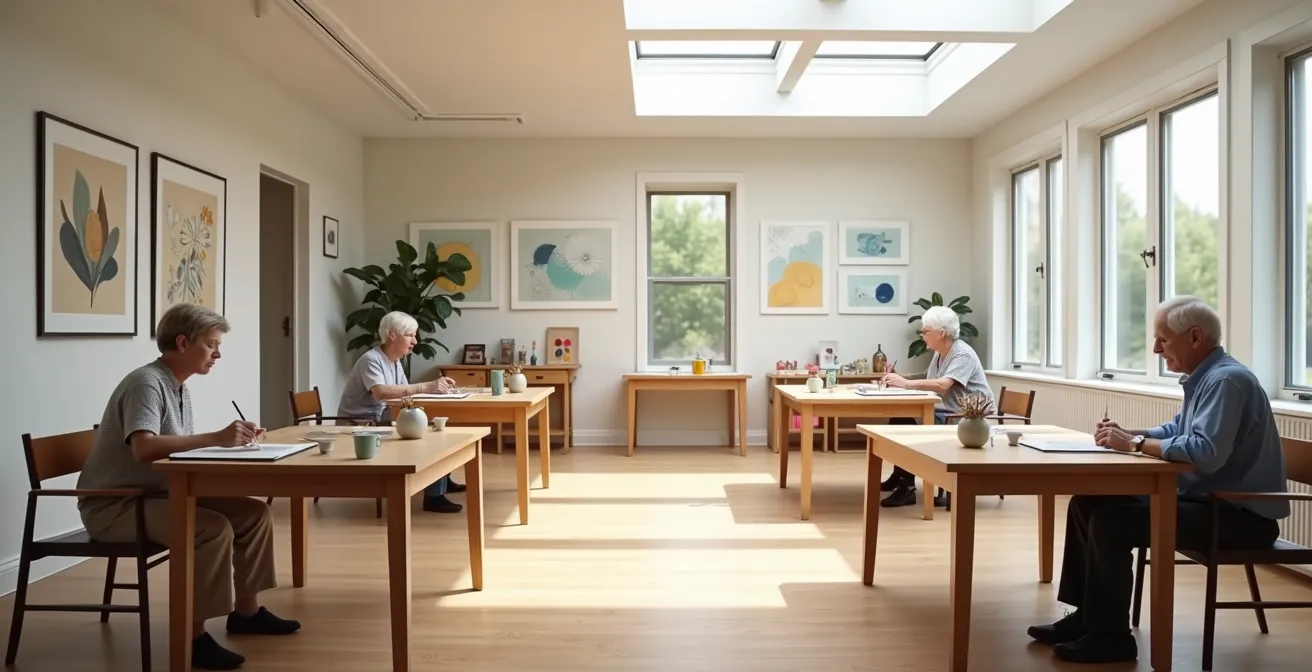 Seniors working on individual art projects in a shared bright studio space