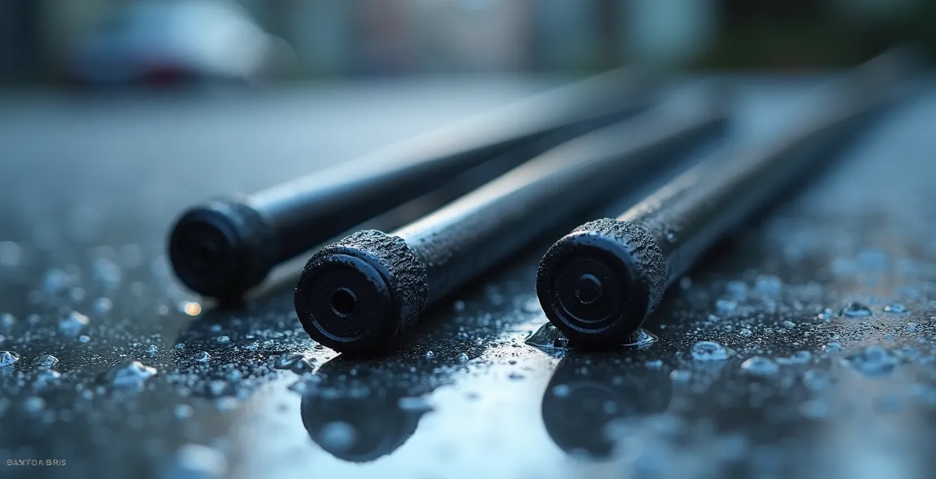 Extreme close-up of different cane tip types on wet surface showing traction patterns