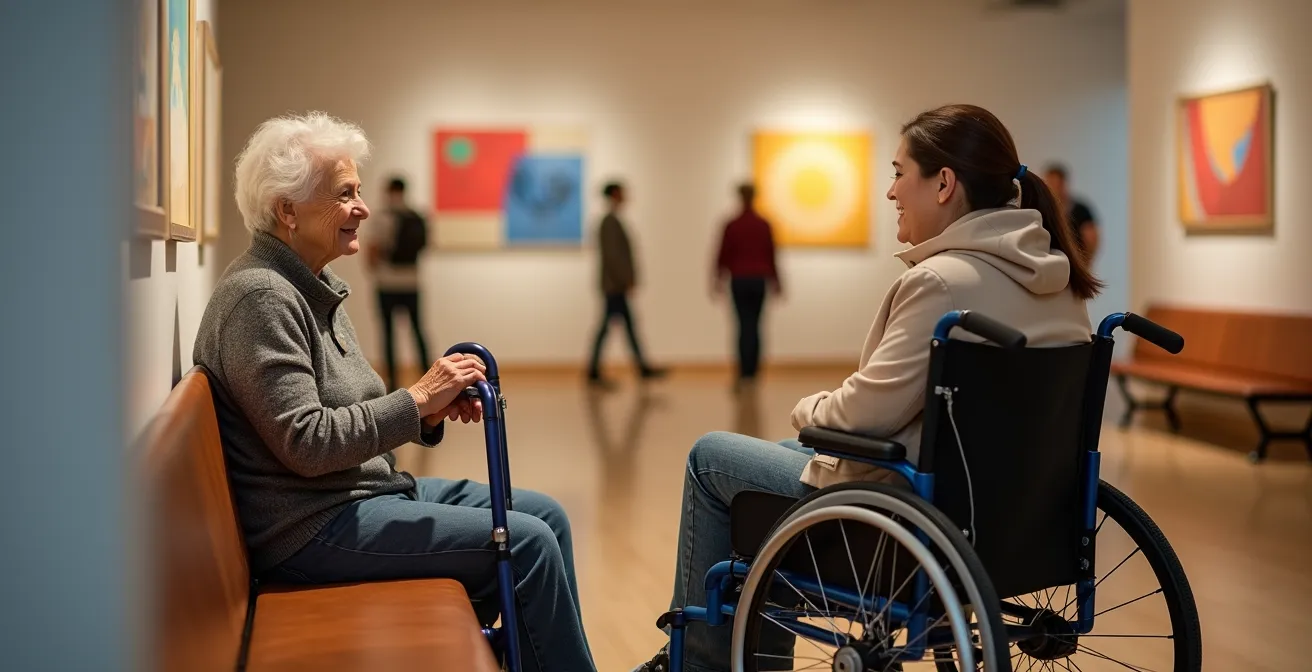 Well-designed museum rest area with various seating options for seniors with mobility aids