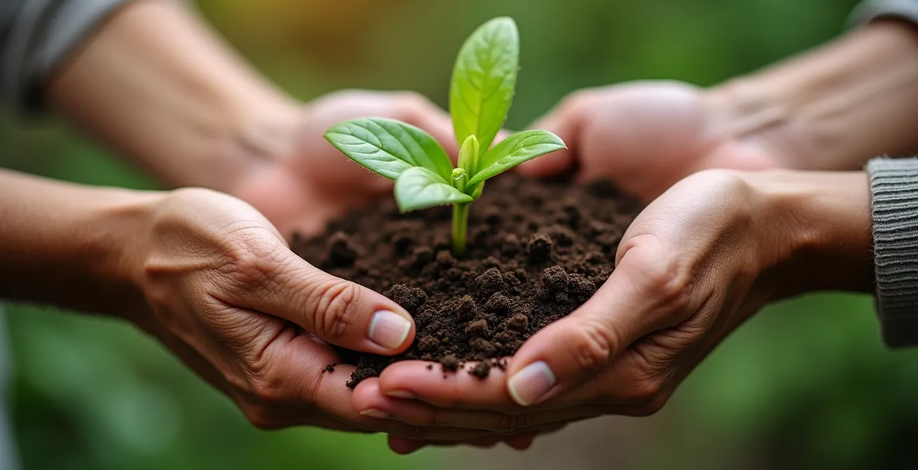 Close-up of an elderly hand and a younger hand exchanging a small potted plant, symbolizing mutual help.