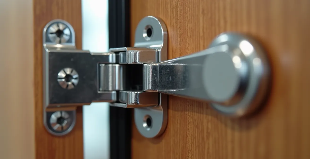 Close-up detail of offset hinge mechanism on door frame