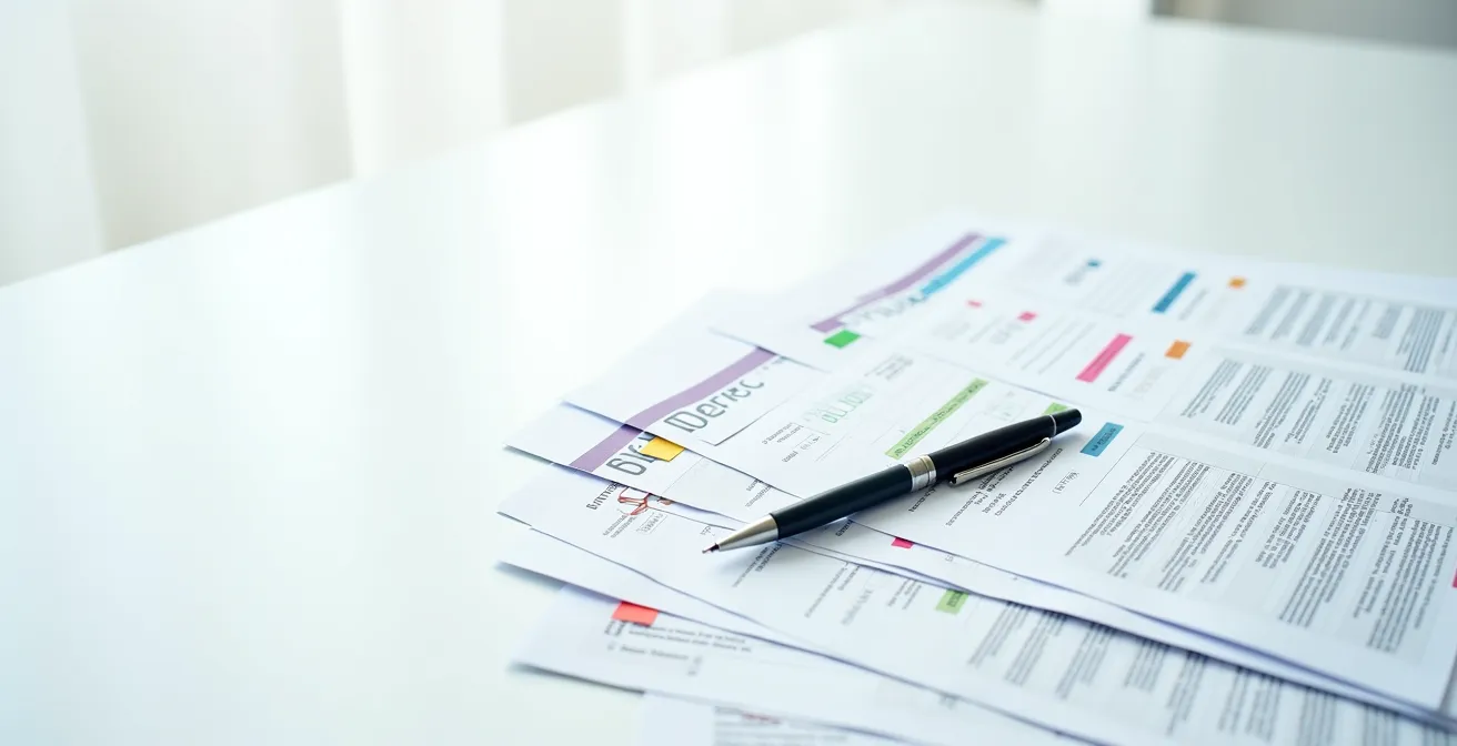 Neatly arranged medical appeal documents with highlighters and tabs showing systematic organization