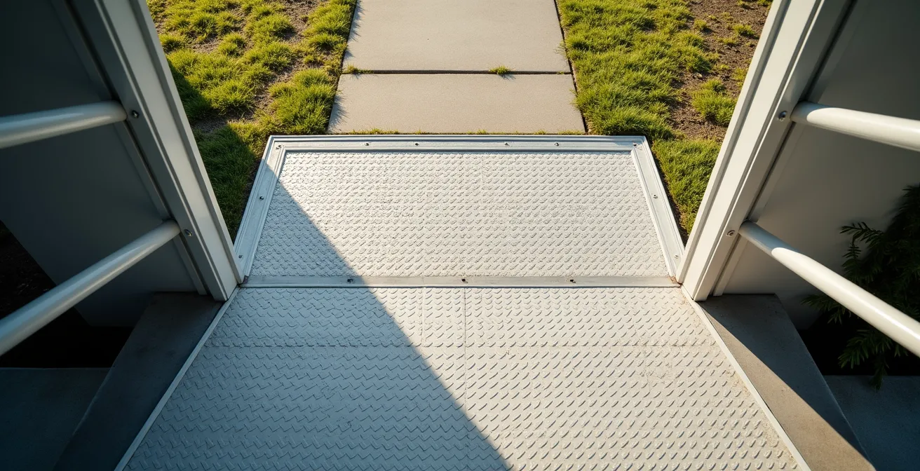 Aerial perspective of properly sized ramp landing showing wheelchair maneuvering space with door swing area