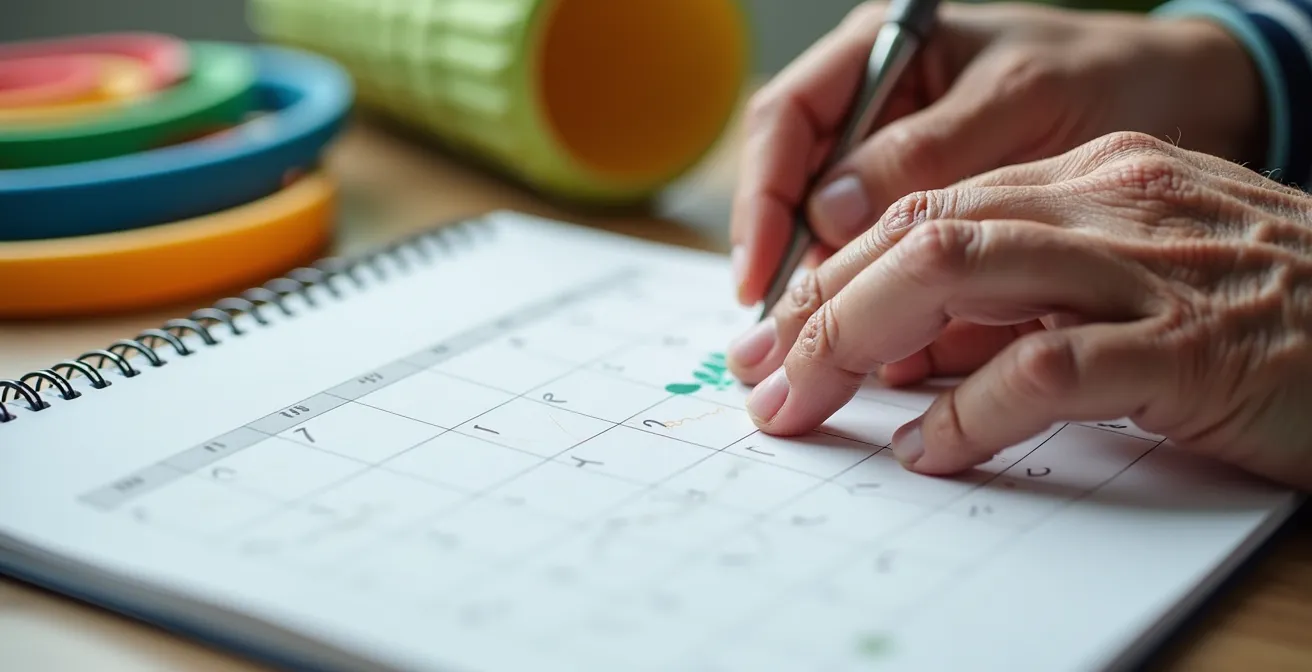 Close-up of hands marking therapy appointments on a calendar with exercise equipment nearby
