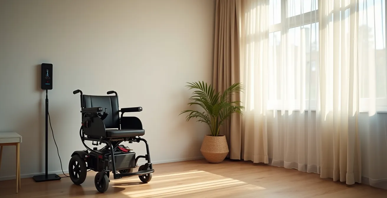 Indoor charging station for power wheelchair showing optimal temperature environment
