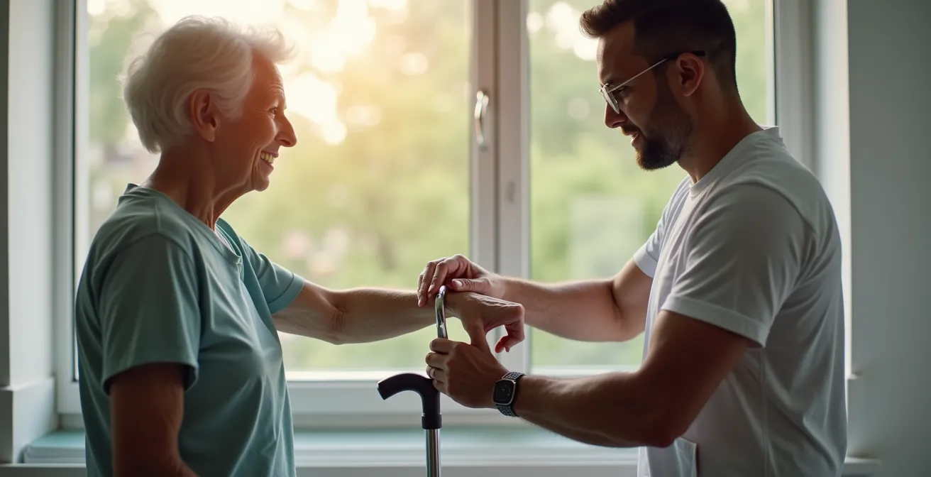 Healthcare provider adjusting cane height for elderly patient demonstrating proper elbow angle
