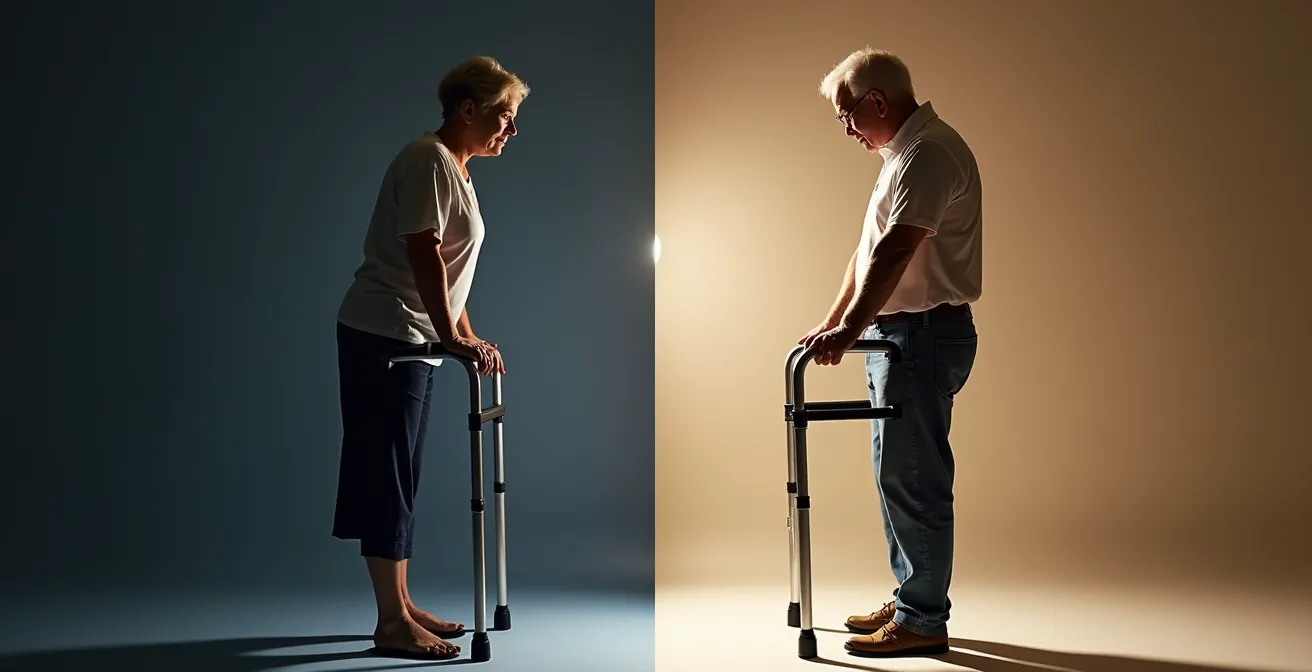 Side view comparison of correct and incorrect walker height adjustment showing posture impact