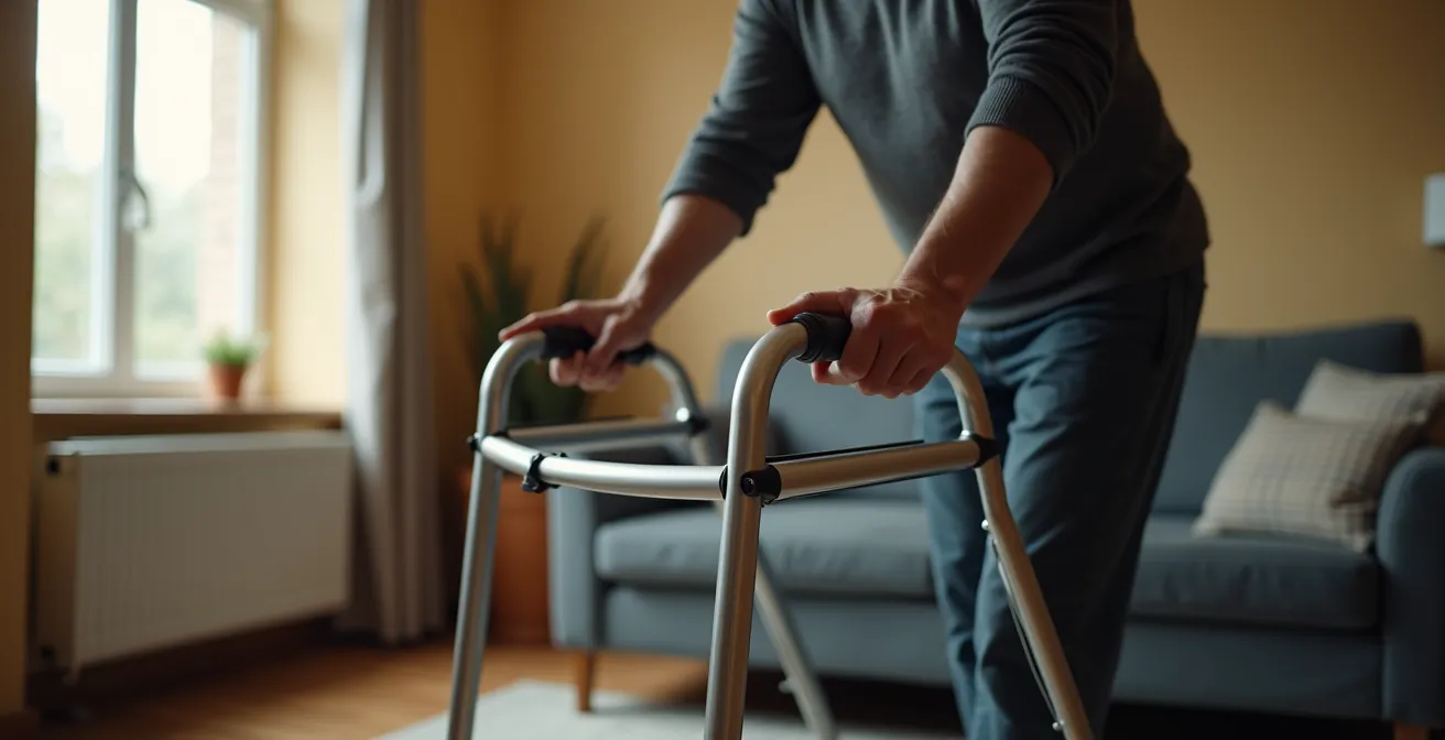 Elderly person demonstrating correct walker positioning with body centered within frame