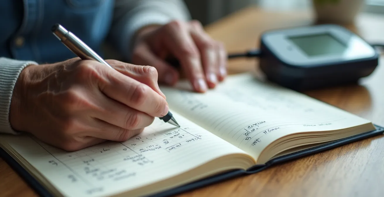 Senior's hands writing in a recovery journal with a blood pressure monitor and thermometer nearby, symbolizing at-home health tracking.