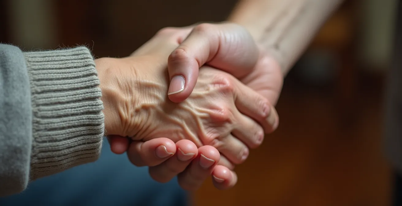 A close-up image showing a caregiver's hand gently assisting an elderly person's hand, symbolizing respect and dignity.
