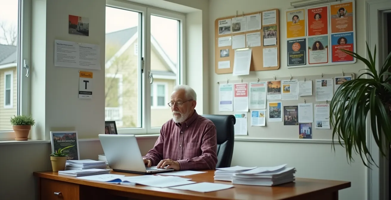 A senior volunteer diligently working on a community newsletter at a well-lit desk.