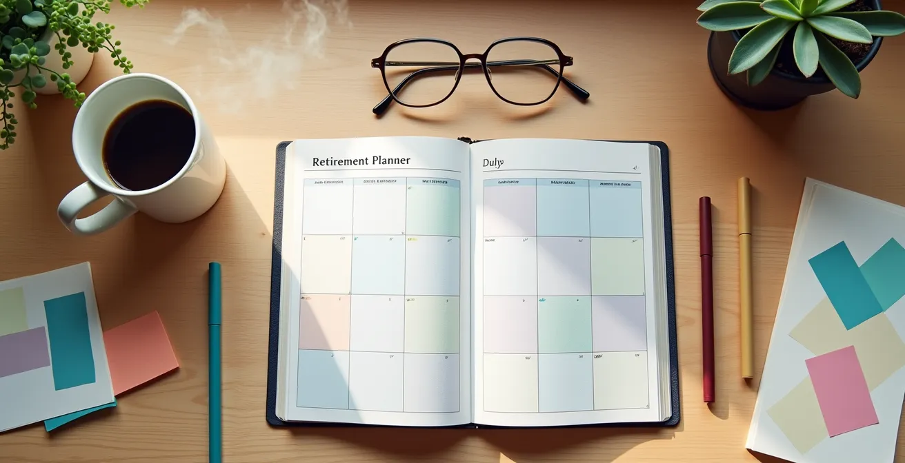 Overhead view of retirement weekly planning materials on a desk, symbolizing the creation of a Joy Schedule.