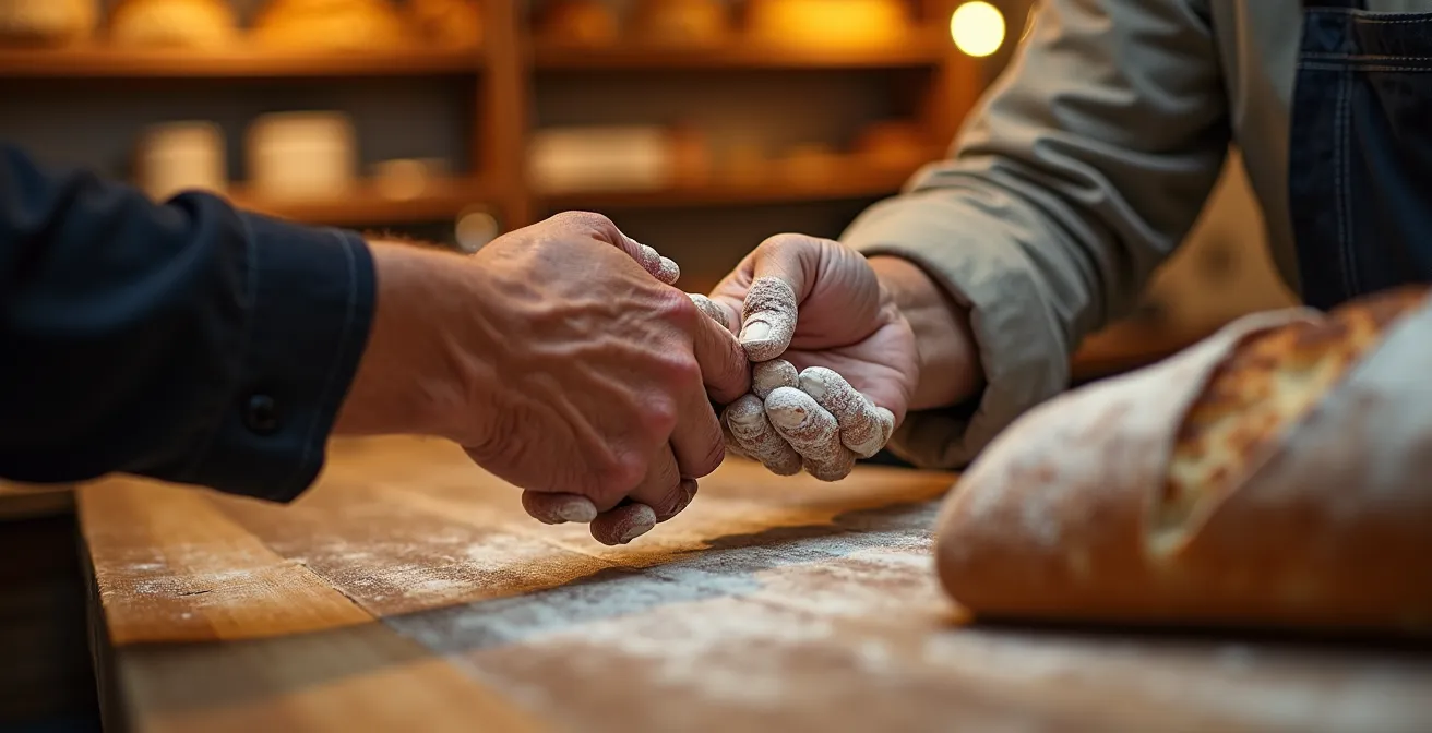 Close-up of elderly hands exchanging money and bread at local bakery counter
