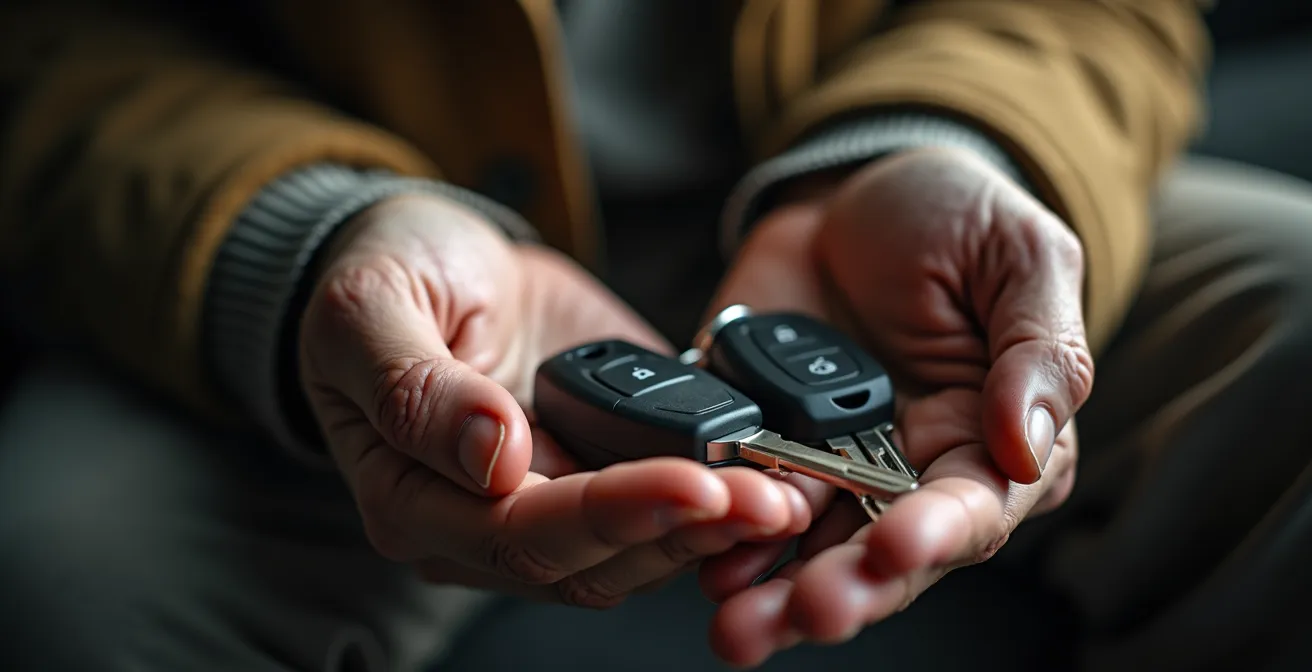 Close-up macro shot of elderly hands holding car keys with blurred background showing concerned family member