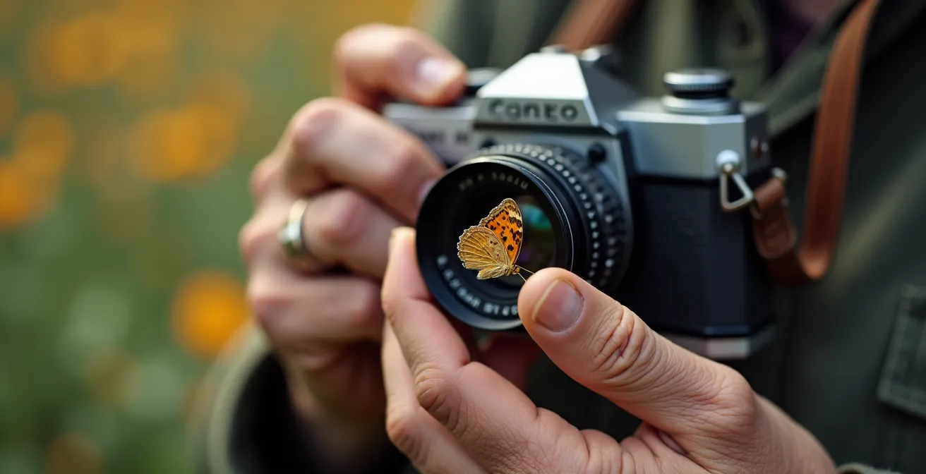 Senior focused on macro photography of nature specimen in a small group setting
