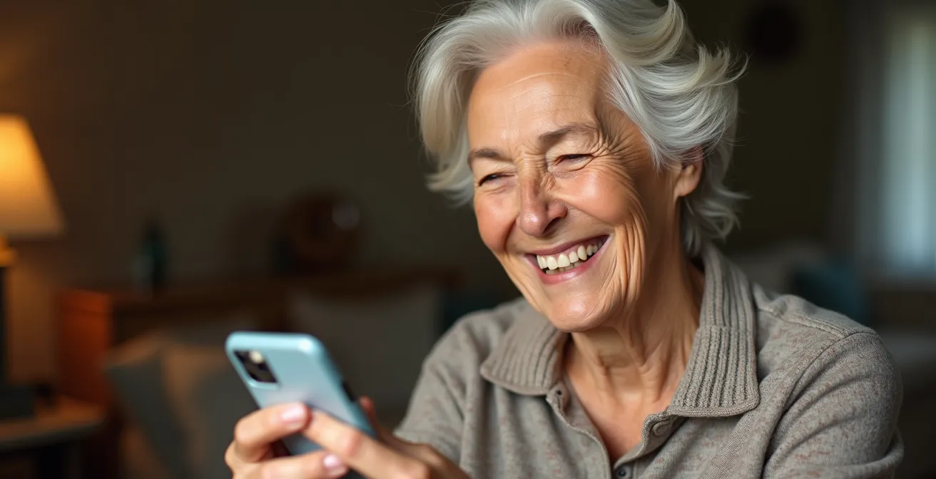 Two elderly friends having a warm phone conversation representing daily check-in buddy system