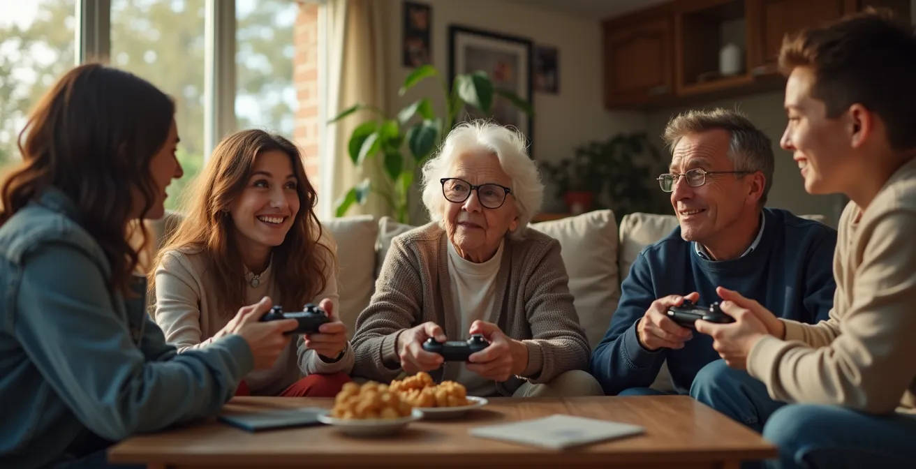 Older adults and younger players engaged together in a gaming session in a cozy living room
