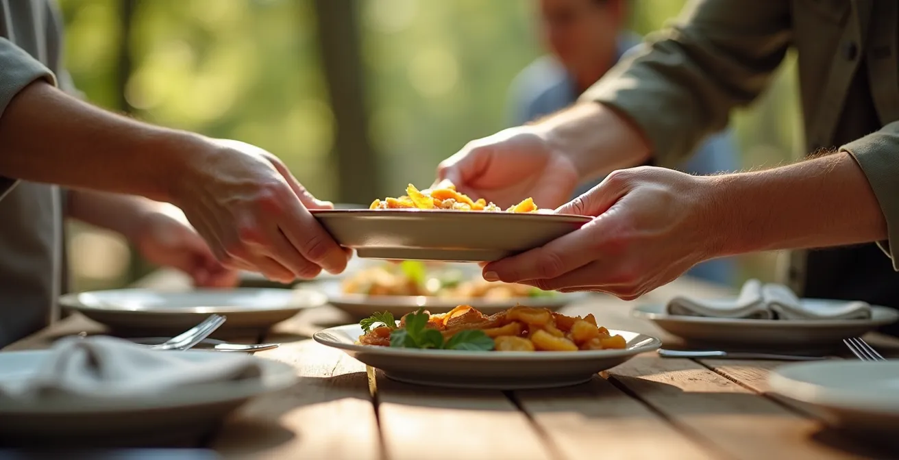 Senior group enjoying a leisurely outdoor lunch at accessible picnic area