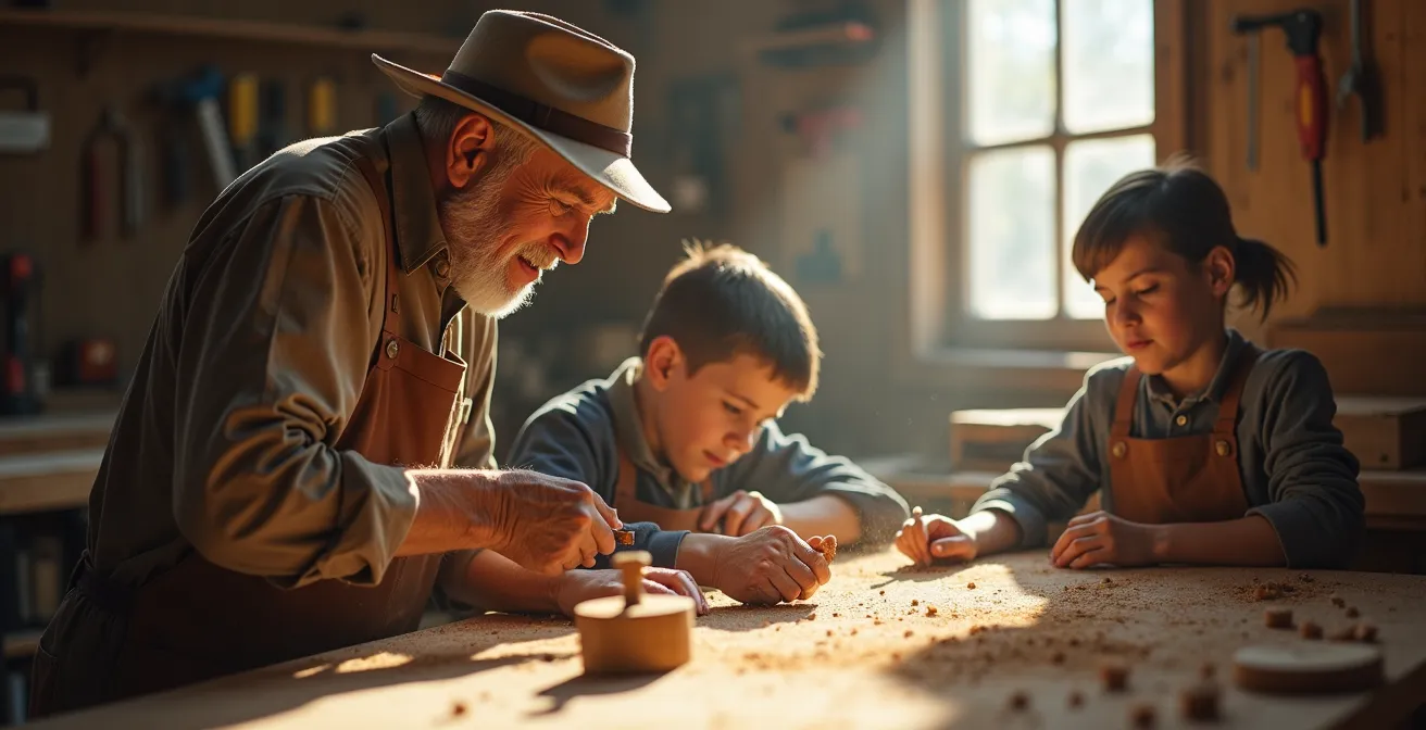 Senior mentor teaching craft skills to younger person in workshop setting