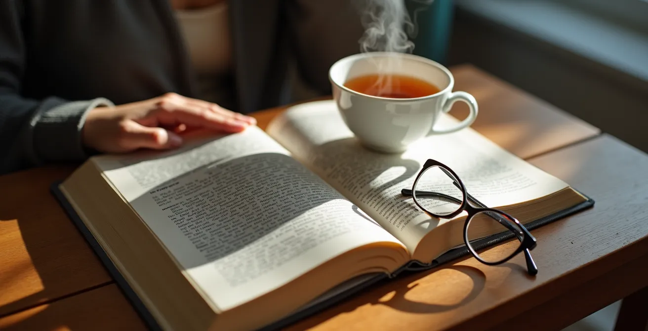 Elderly person deeply engaged in reading a novel