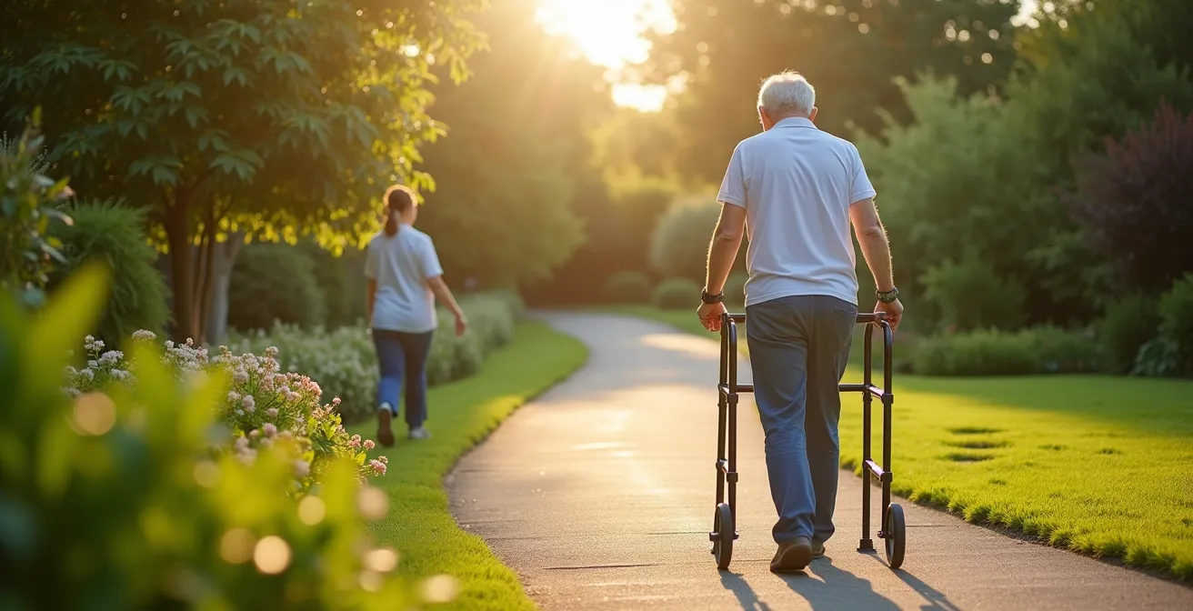 A senior patient using a walker on a serene garden path, symbolizing the hopeful and progressive journey of recovery.