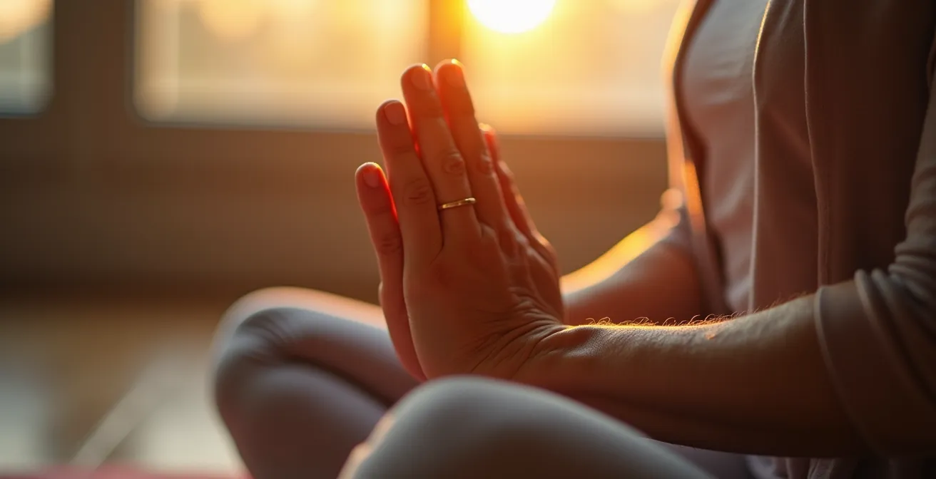 Senior woman practicing gentle morning yoga by a window at sunrise, embodying a peaceful start to the day.